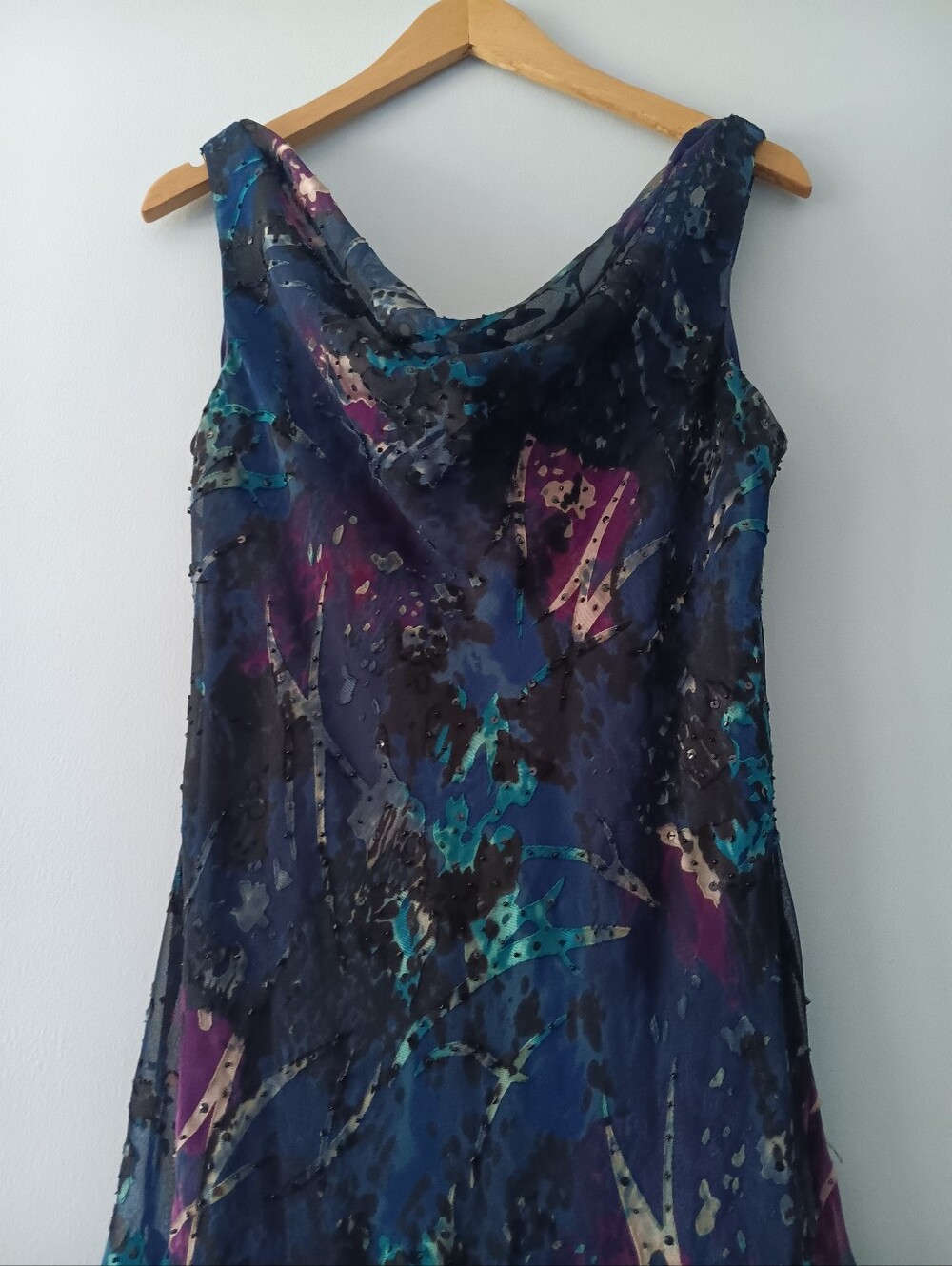 Vtg Alex Evenings Burnout Sequin Beaded Ruffle Bottom Maxi Cowl Neck Dress 10 - Picture 3 of 6